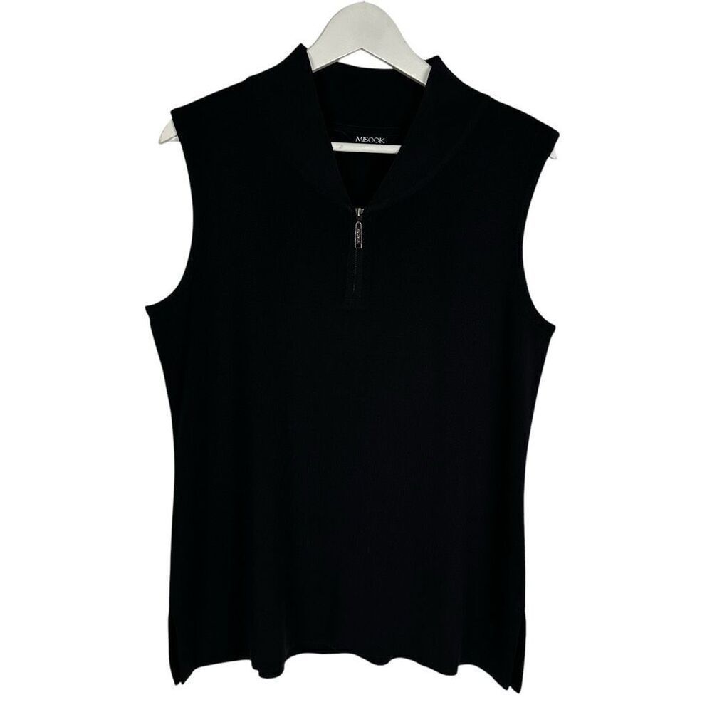 Misook Black Knit High V-Neck Zip Front Sleeveless Top size Small